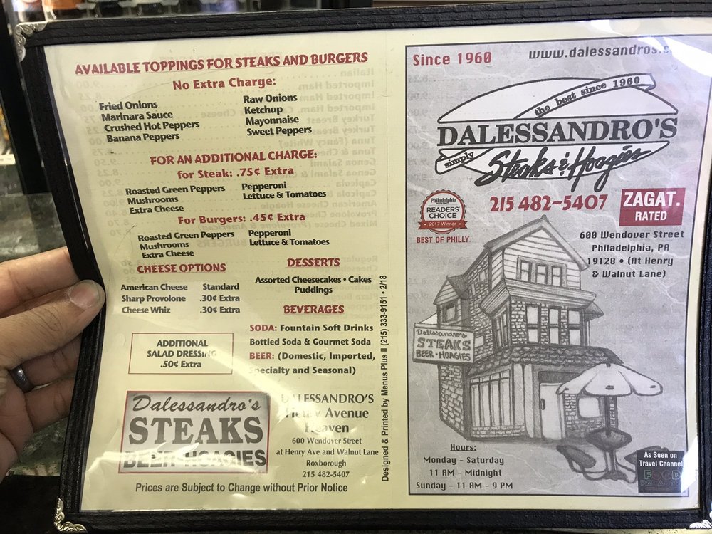 Dalessandros Steaks | 600 Wendover St, Philadelphia, PA 19128 | Phone: (215) 482-5407